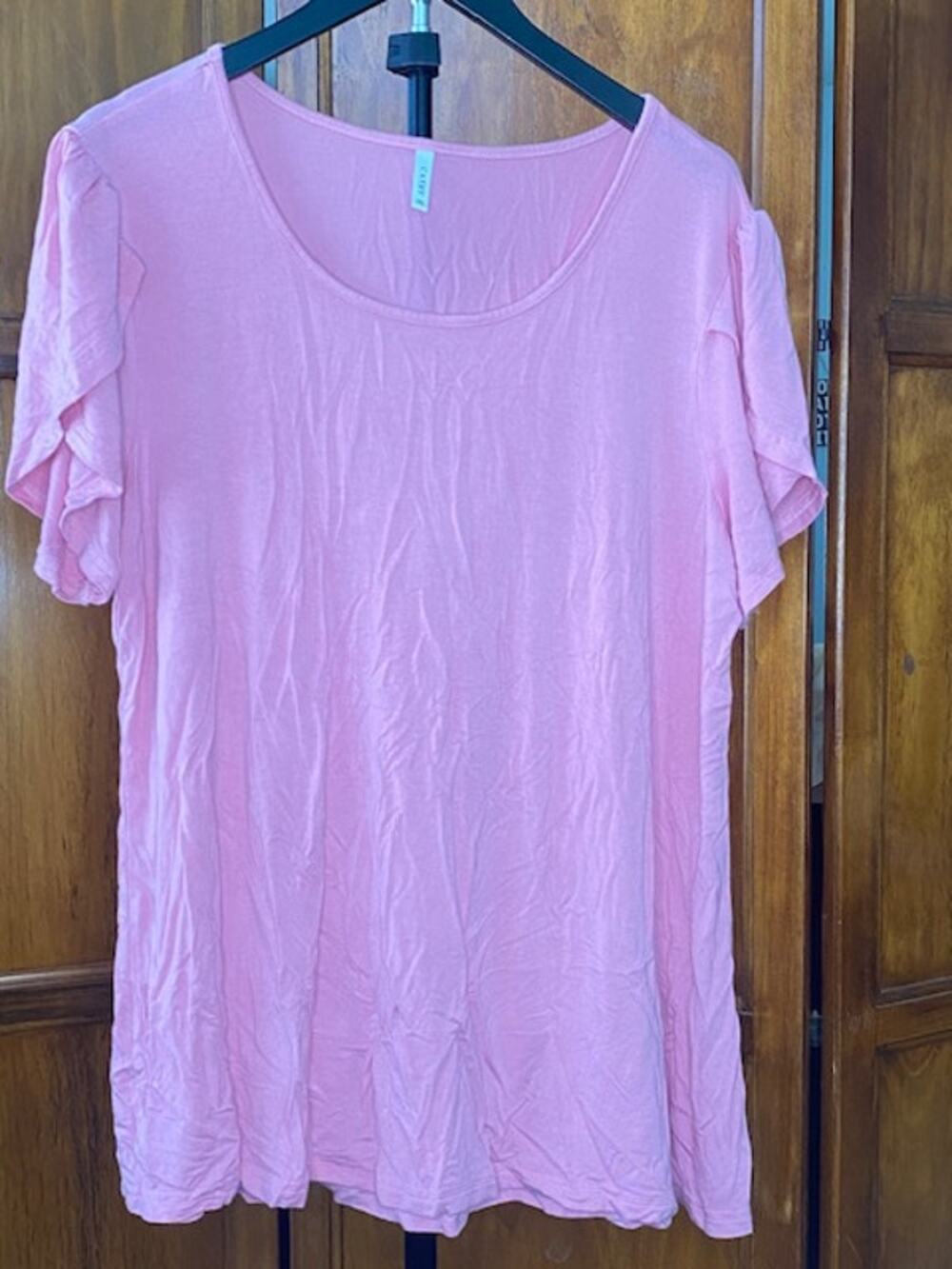 Cathy Women's 2XL Pink Tunic Top Ruffle Flounce Short Sleeve Scoop Neck